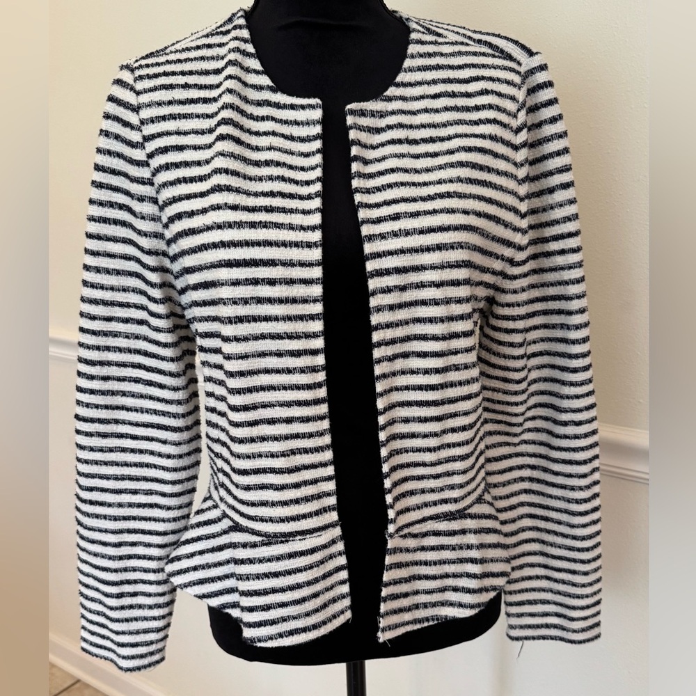 LOFT Outlet Striped Textured Open Front Jacket–Black & White Tweed Look Sz small